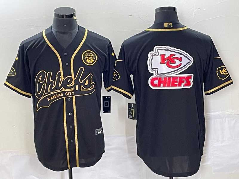 Mens Kansas City Chiefs Big Logo Black Gold Cool Base Stitched Baseball Jersey